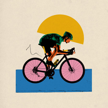 Poster. Contemporary art collage. Dynamic and colorful artwork featuring cyclist in motion against minimalist backdrop. Concept of sport, movement, speed, marathon, competition, action.の写真素材