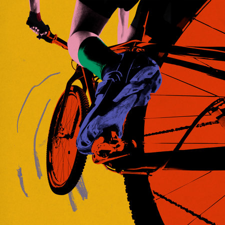 Poster. Contemporary art collage. Leg of cyclist stands on pedal, rider ready to start marathon. Half tone effect. Vibrant palette. Concept of sport, movement, speed, competition, action.の写真素材