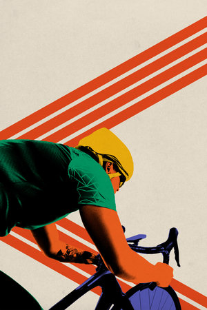 Poster. Contemporary art collage. Focused on win cyclist ride bike intensively against beige background with dynamic lines symbolizing finish. Concept of sport, speed, marathon, competition, action.の写真素材