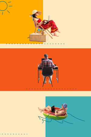 Contemporary art collage. Woman relaxing on beach chair, man focused at desk, and another man...