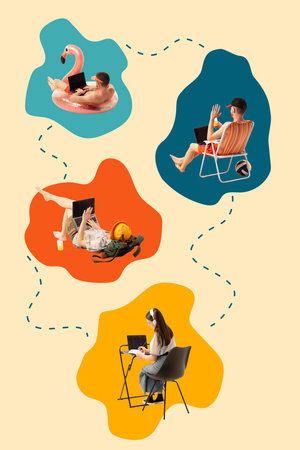 Contemporary art collage. Man in flamingo float, another on beach chair, traveler lying down, and woman at desk, connected by dashed lines on colorful blobs. Concept of business, co-working, freelanceの写真素材