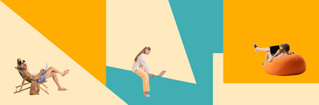 Contemporary art collage. Three individuals working or studying on laptops against colorful geometric shapes creating dynamic modern composition. Concept of business, co-working, freelance. Adの写真素材