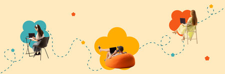 Banner. Contemporary art collage. Three people works in laptop in flowershaped figures...