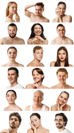 Collage. Diverse people showcasing their natural beauty with smiles and glowing skin. Each person exudes confidence and happiness in their skincare routines. Concept of cosmetology procedures. Adの写真素材