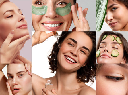 Collage. Importance of self-care. Young women showcasing their beauty routines with eye patches, cucumber slices, and serums. Concept of beauty, facial care, cosmetology, antiaging procedures. Adの写真素材