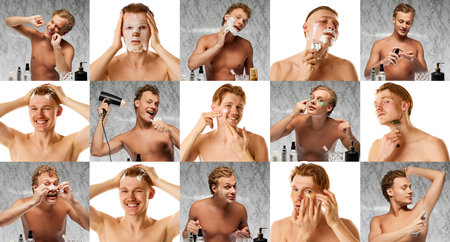 Self-care rituals. Collage. Men enjoying his grooming routine, shaving, styling with cheerful expression against grey-white background. Concept of facial care, cosmetology, antiaging procedures. Adの写真素材