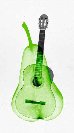 Contemporary art collage. music saturation. Green pear overlaid against black and white acoustic guitar. Surreal artwork. Concept of music, parties and festivals, classic, traditions, creativity.の写真素材