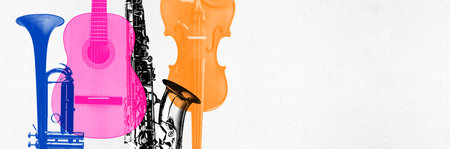 Banner. Contemporary art collage. Colorful silhouettes of violin, trumpet, sax and acoustic guitar...