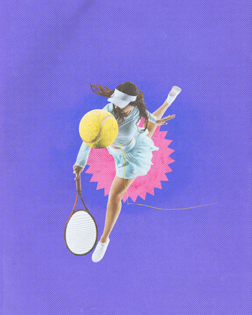 Poster. Contemporary art collage. Female tennis player in mid-air, striking ball with her racket against vibrant abstract background. Textured effect. Concept of sport, hobby, competition, champion.の写真素材