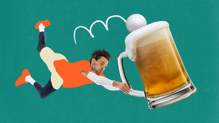 Poster. Contemporary art collage. Volleyball player jumps in motion to catch mug of cold, refreshing beer instead of ball. Concept of sport, holidays, match and traditions. Funky artwork.の写真素材