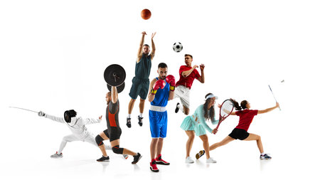 Energetic collage. Athletic young people, training their skills in motion against white studio background. Power and strength. Concept of team and individual kinds of sport, start and finish. Adの写真素材
