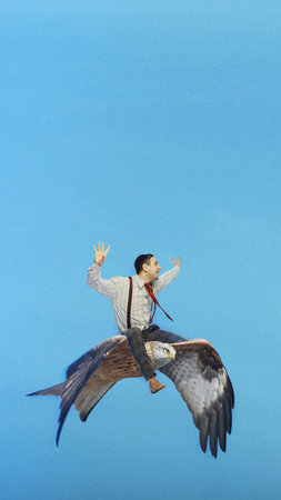 Poster. Contemporary art collage. Man dressed in vintage attire rides eagle through clear blue sky....