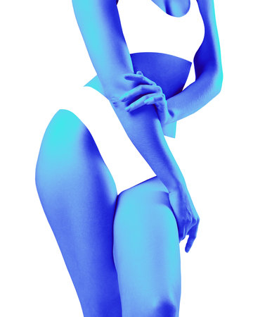 Contemporary art collage. Neon blue toned woman posing in underwear intertwined with background. Concept of summertime, fashion and style, holidays, vacation. Ad. Pop art effect.の写真素材