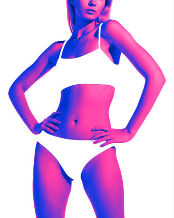 Contemporary art collage. Slim woman with neon-purple toned body posing in swimsuit which blends with white background. Pop art style. Concept of summertime, fashion and style, holidays, vacation. Adの写真素材