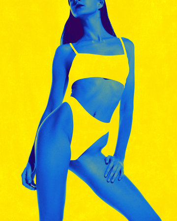 Contemporary art collage. Slim woman with neon-blue toned body posing in swimsuit which blends with vibrant yellow background. Pop art style. Concept of summertime, fashion and style, holidays. Adの写真素材