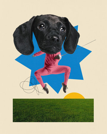 Contemporary art collage. Dog-headed fencer in pink uniform training in motion against beige background with green grass. Concept of sport, action, competition, fitness, summer rest.の写真素材