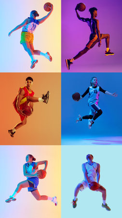 Basketball athletes training in motion to in neon light against vibrant colorful background....
