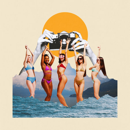 Contemporary art collage. Women in bikinis dancing, while hands with camera frame scene against backdrop of ocean waves, mountains, and large yellow sun. Concept of summertime, holidays, relaxation.の写真素材