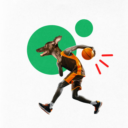 Contemporary art collage. Basketball player with head of dog dribbling in motion against white background with green circles. Concept of sport, animals, healthy and active lifestyle, humor. Adの写真素材