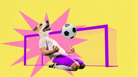 Contemporary art collage. Triumphing soccer player with head of dog kneeling by gates against yellow background. Concept of sport, animals, healthy and active lifestyle, humor. Adの写真素材