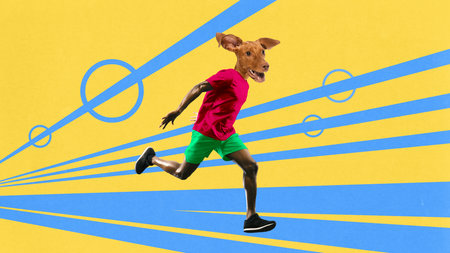 Contemporary art collage. Jogger with head of dog running in motion to finish line against yellow background with dynamic blue lines. Concept of sport, animals, healthy and active lifestyle, humor. Adの写真素材
