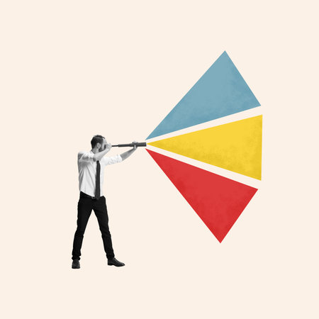 Contemporary art collage. Man looking through telescope, projecting colorful beams, representing...