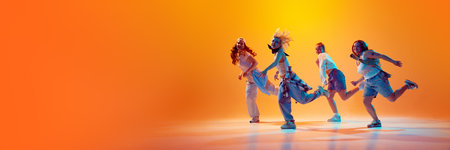 Banner. Group of dancers performing in vibrant neon light against gradient studio background with...