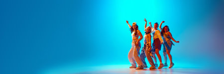 Banner. Dancers in casual outfits performing in vibrant neon light against gradient blue background...