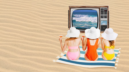 Poster. Contemporary art collage. Rear view of woman sitting on sandy beach, drinking cocktails,...