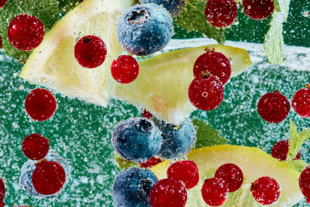 Berries and leaves immersed in sparkling water, surrounded by bubbles, creating vibrant, refreshing...