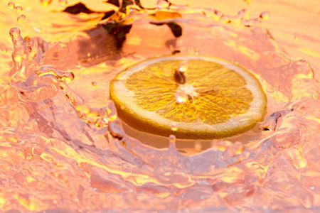Vibrant slice of orange floats serenely on water, bathed in warm golden glow, evoking sense of refreshing summer zest. Textured wallpaper. Concept of summer, nutrition, diet, healthy, detox.の写真素材