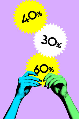 Poster. Contemporary art collage. Two hands, one blue and one green, hold yellow and white starburst...