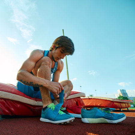 Muscular young men, pole vault athlete sitting at outdoor stadium and getting ready for enduring training session under clear blue sky. Concept of sport, competition, tournament, active lifestyleの写真素材
