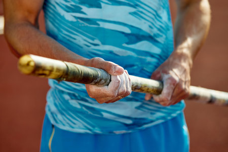 Determined pole athlete getting ready to conquer the bar, cropped image of male hands in chalk powder holding pole. Concept of sport, competition, tournament, active lifestyle, strengthの写真素材