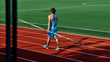 Pole vaulter in blue tank top, young athletic man walking at outdoor standing with pole, getting...