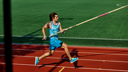 High jump practice session, with focused and strong young man, pole vaulter in blue uniform in...