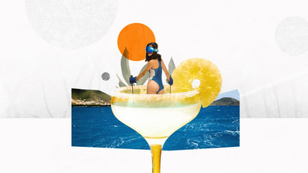Poster. Contemporary art collage. Woman in snorkel gear emerges from cocktail glass by ocean, blending tropical adventure with refreshing drink. Concept of celebration and sport events, party. Adの写真素材