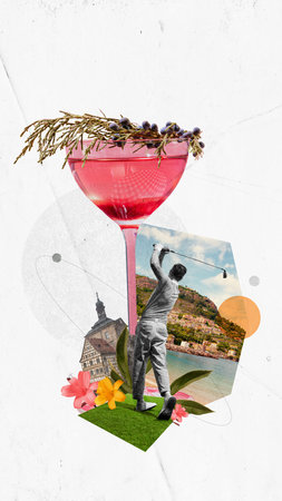 Poster. Contemporary art collage. Golfer takes a swing next to vibrant cocktail garnished with botanicals against coast view. Concept of celebration and sport events, competition, party and victory. Adの写真素材
