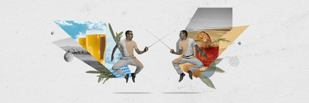 Banner. Contemporary art collage. Two men engage in playful fencing duel, with one side featuring...