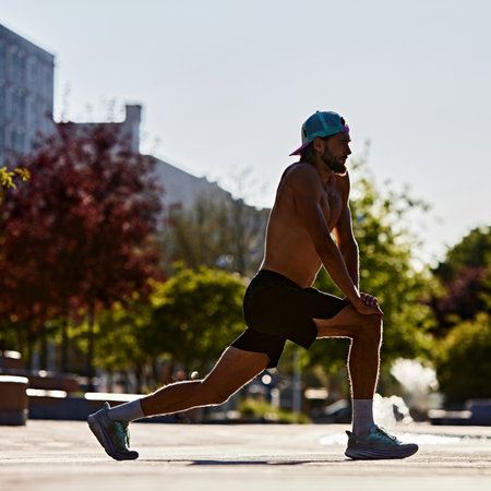 Shirtless muscular man in shorts, sneakers and cap doing warming up exercises before intense outdoor...
