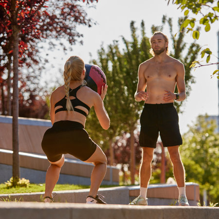 Sportive fit woman doing squat with medicine ball, while her partner stands ready to catch the ball. Couple training outdoors in early summer morning. Concept of sport, active and healthy lifestyleの写真素材