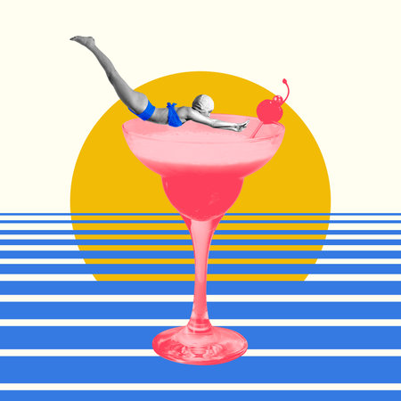 Poster. Contemporary art collage. Young woman, swimmer in blue swimsuit swimming in Margarita cocktail, reaching to cherry against sunset background. Concept of celebration, holidays, Friday mood. Adの写真素材