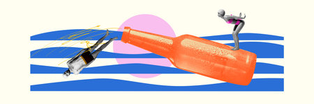 Banner. Contemporary art collage. swimmer gracefully dives off vibrant orange bottle, and dives to sea waves, while another preparing to swim. Concept of celebration, holidays, drinks, Friday mood. Adの写真素材