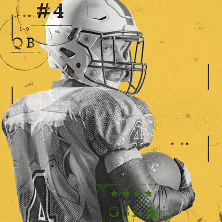 Poster. Contemporary artwork. Quarterback, looks over shoulder with intensity against gritty, yellow background. Paper texture. Vintage style design. Concept of sport event, championship, betting.の写真素材