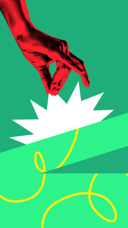 Poster. Contemporary art collage. Hand delicately adjusts ribbon on present against festive green backdrop. Gift-giving season. Concept of winter holidays, Christmas, celebration. Greeting card.の写真素材