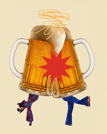 Poster. Contemporary art collage. Two disco dancers, which bodies made from clinking beer mugs,...