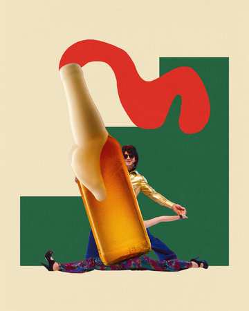Poster. Contemporary art collage. Giant beer bottle sitting in twine while dancing with partner against colorful background. Concept of festive mood, celebration, beverage, alcohol. Adの写真素材