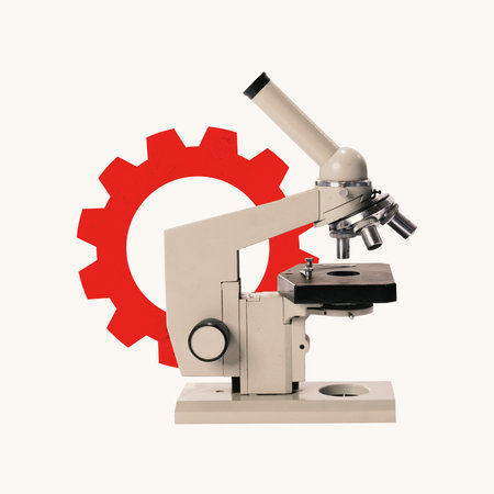 Poster. Contemporary art collage. Microscope with red gear on background highlights intersection of...