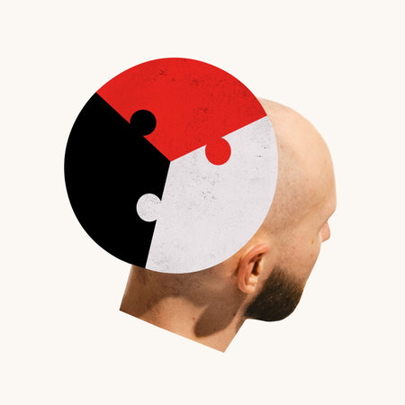 Poster. Contemporary art collage. Puzzle piece forms persons head, representing problem-solving and...