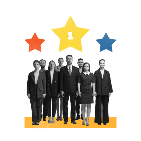 Poster. Contemporary art collage. Professionals under stars represent achievement, recognition, and...